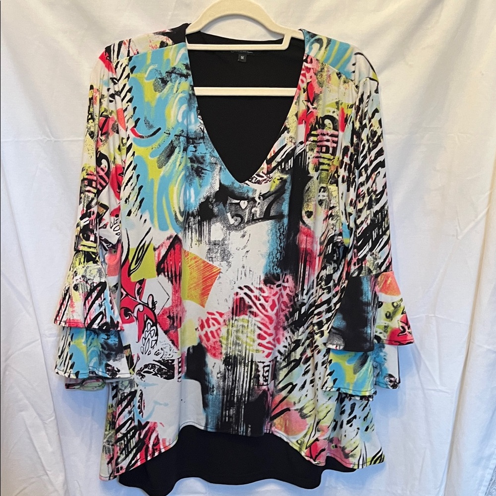 1X CALESSA  Multicolor V-Neck Layered Bell Sleeve Tunic
